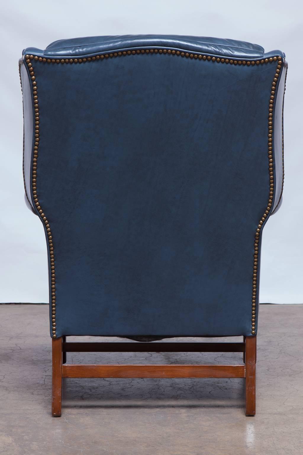 French Blue Chippendale Mahogany Wing Chair by Schafer Brothers In Excellent Condition In Rio Vista, CA