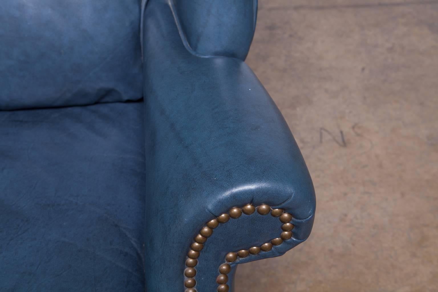 American French Blue Chippendale Mahogany Wing Chair by Schafer Brothers