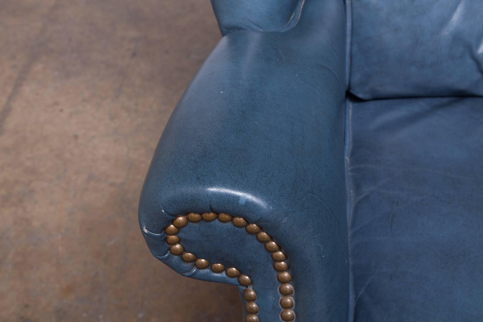 20th Century French Blue Chippendale Mahogany Wing Chair by Schafer Brothers