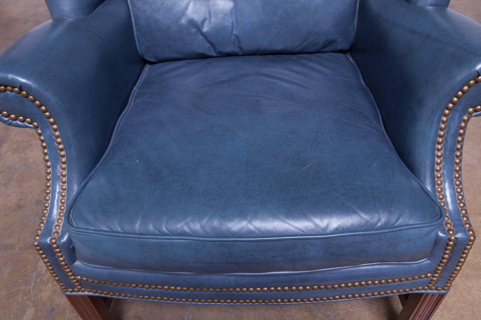 French Blue Chippendale Mahogany Wing Chair by Schafer Brothers 1
