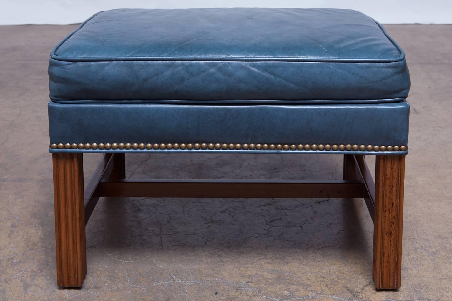 Brass French Blue Chippendale Mahogany Wing Chair by Schafer Brothers