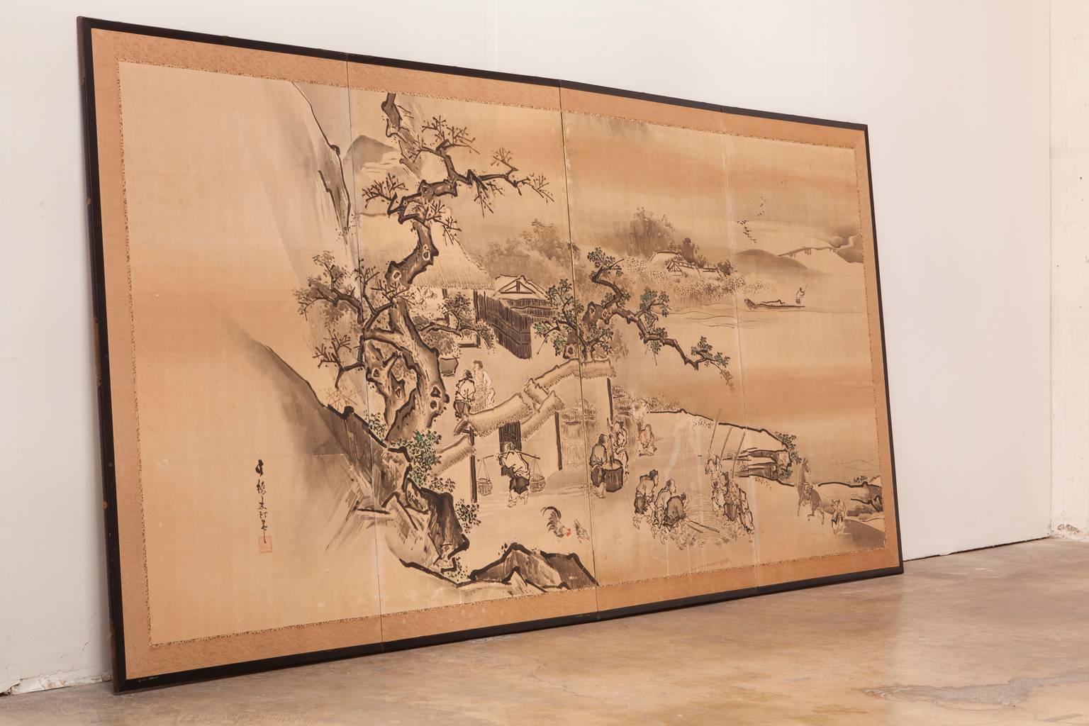 Painted 18th Century Japanese Edo Period Screen by Ishida Yutei