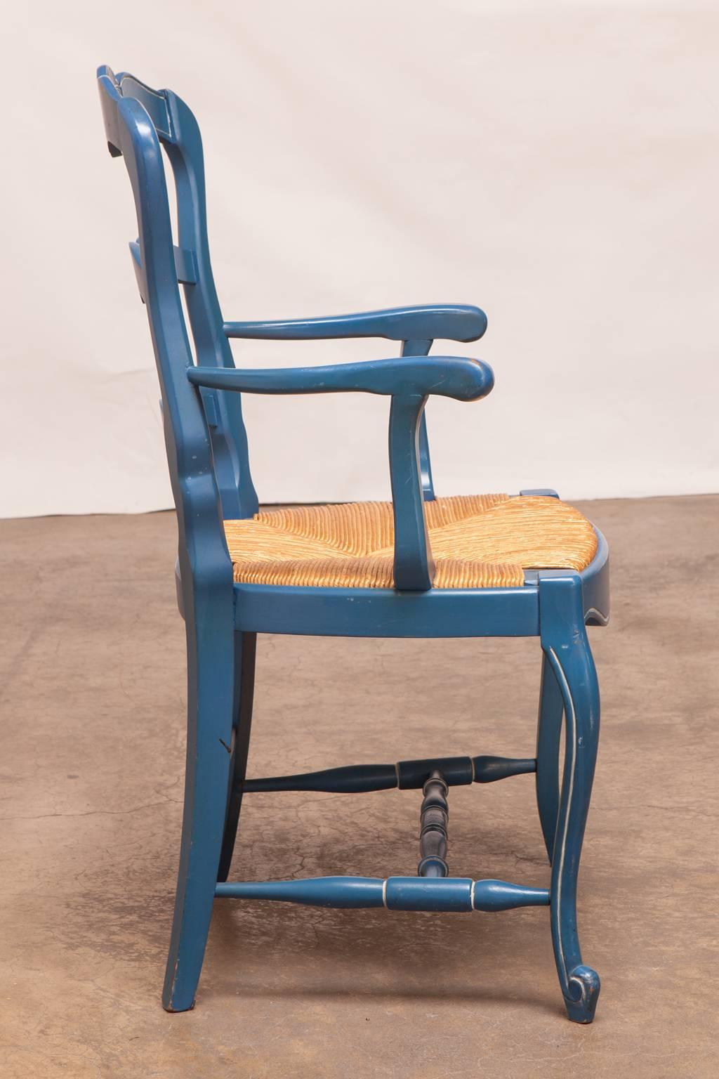 Country Pair of French Blue Carved Ladder Back Chairs