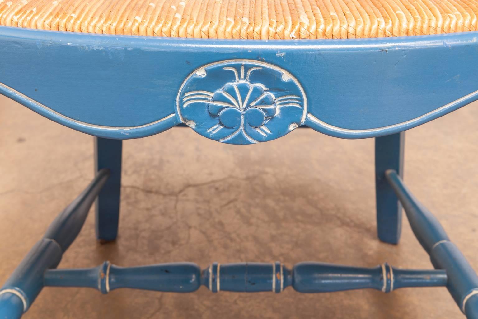 Lacquer Pair of French Blue Carved Ladder Back Chairs