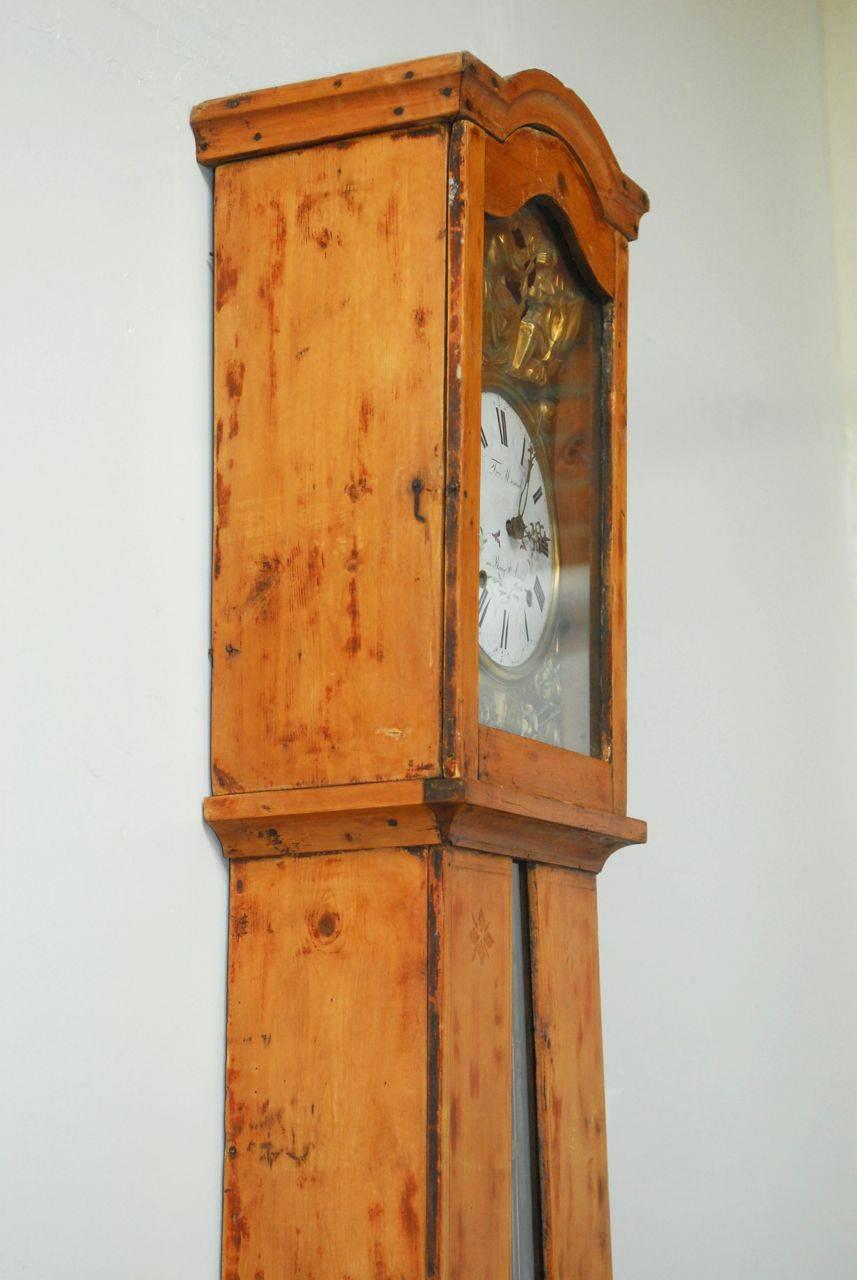 19th Century French Morbier Case Clock with Brass Repousse Face In Distressed Condition In Rio Vista, CA