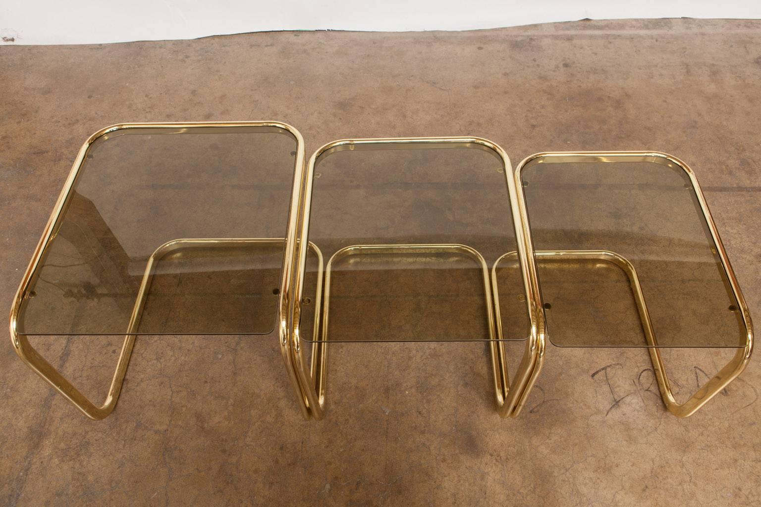 20th Century Set of Three Brass and Glass Nesting Tables by Milo Baughman