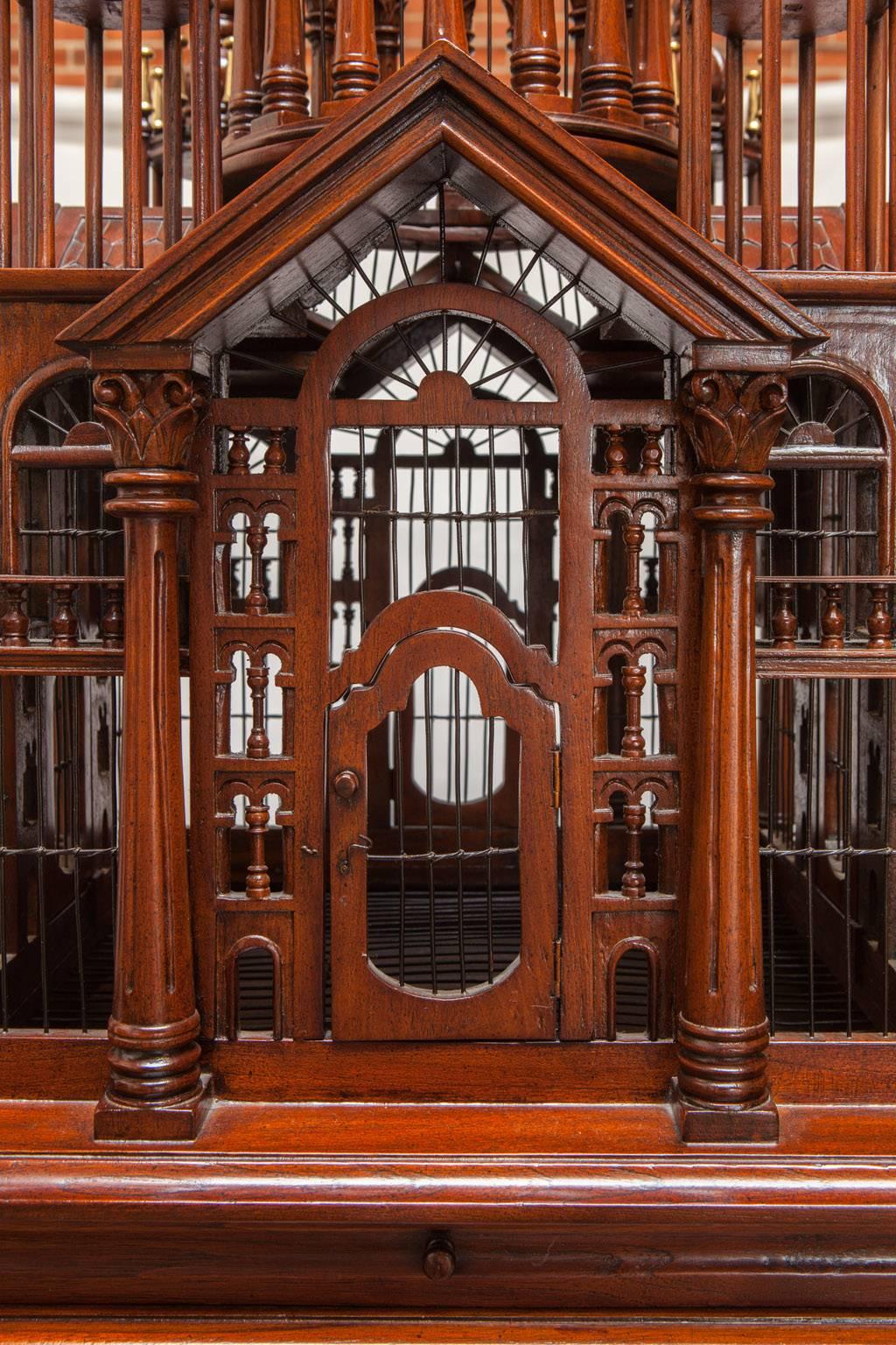 Indonesian Maitland-Smith Mahogany Architectural Birdcage on Stand 