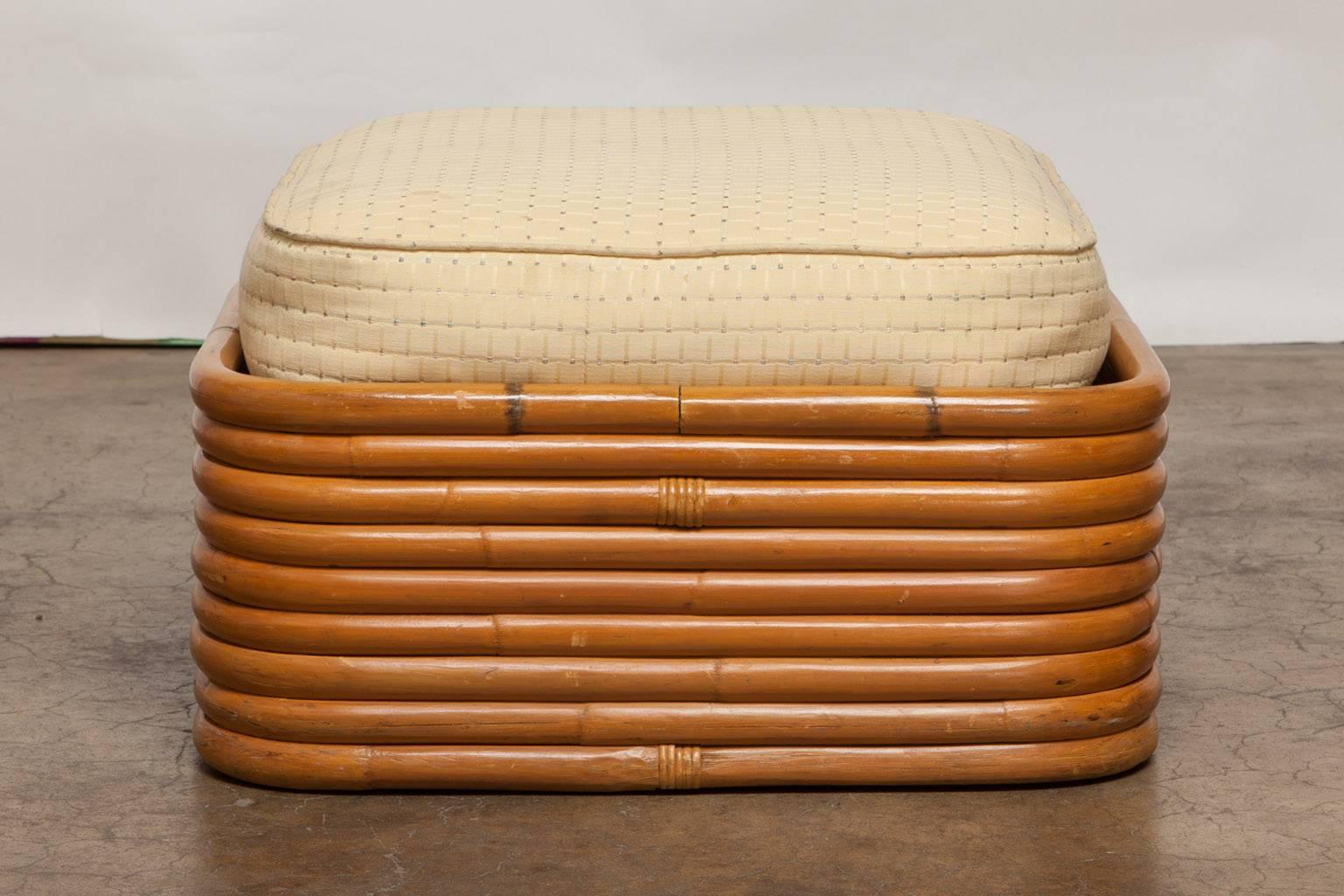Midcentury six-strand stacked rattan ottoman by Kosuga for Paul Frankl. Made of steam bent rattan in Tokyo, Japan from the original manufacturer. Produced in the Art Deco period and purchased from the original owner. Please inquire about additional