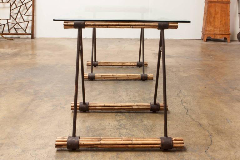 Gl Top Bamboo And Iron Saw Horse Desk Or Console Table At 1stdibs Stylish Gl Top Desk Featuring Bamboo And Iron Supports Made In The Shape Of Saw Horses