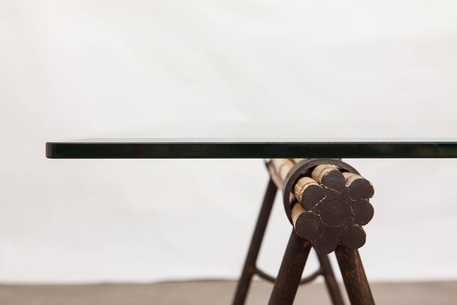 Glass Top Bamboo and Iron Saw Horse Desk or Console Table 1
