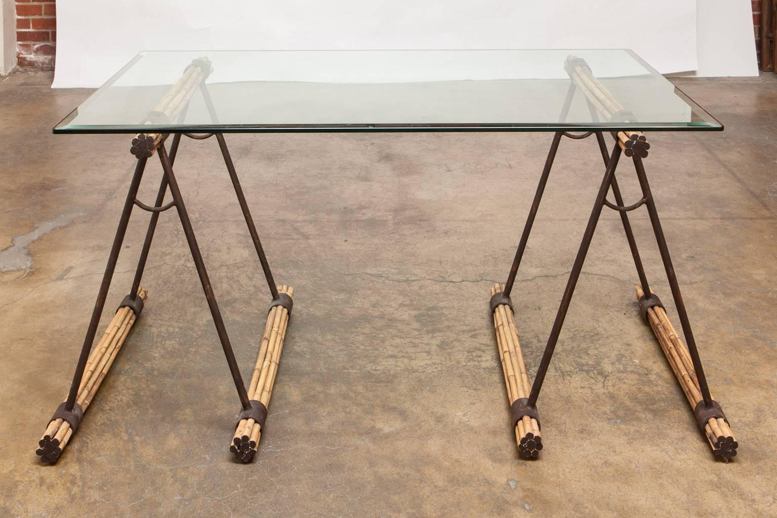 Glass Top Bamboo and Iron Saw Horse Desk or Console Table 3