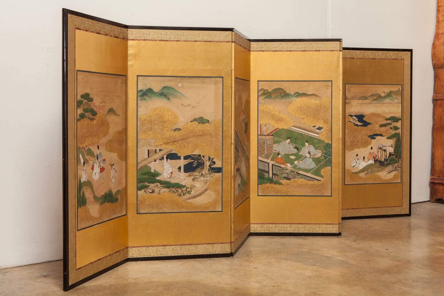 Spectacular Japanese six-panel folding Byobu screen painted on paper in sumo and color with gold leaf borders. Edo period paintings with Classic Yamato-E style and genre. Scenes depicting interior court settings.