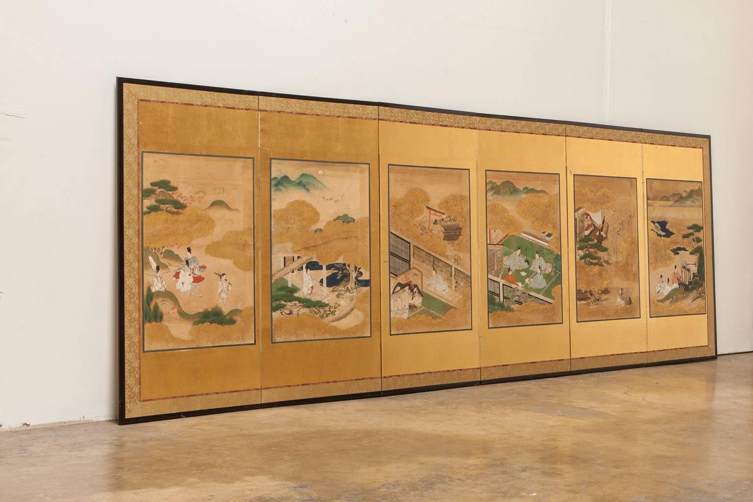 Paper Japanese Edo Period Six-Panel Byobu Screen