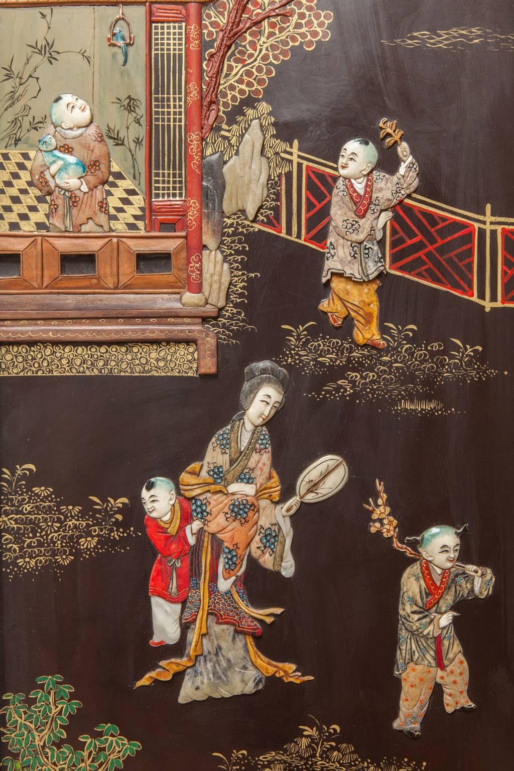 Qing Four-Panel Chinese Lacquered Hard Stone Screen