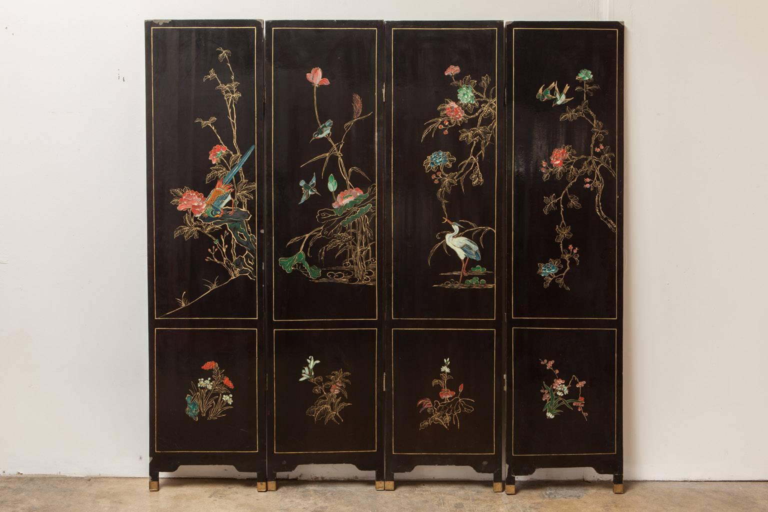 20th Century Four-Panel Chinese Lacquered Hard Stone Screen