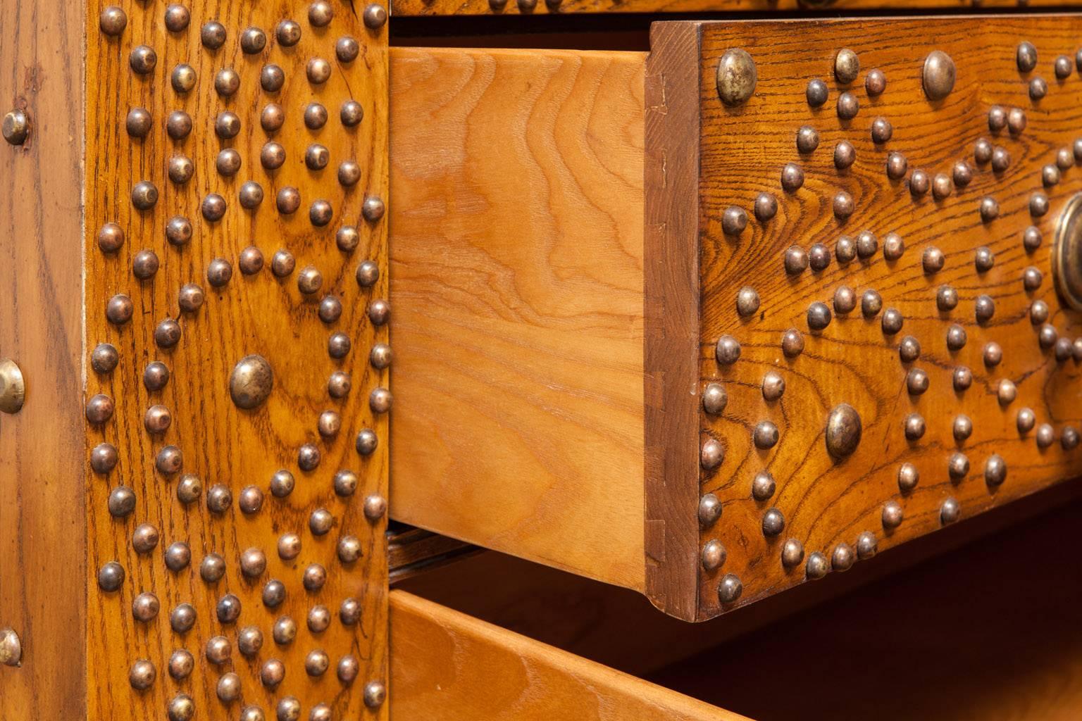 American Brass Studded Oak Chest of Drawers