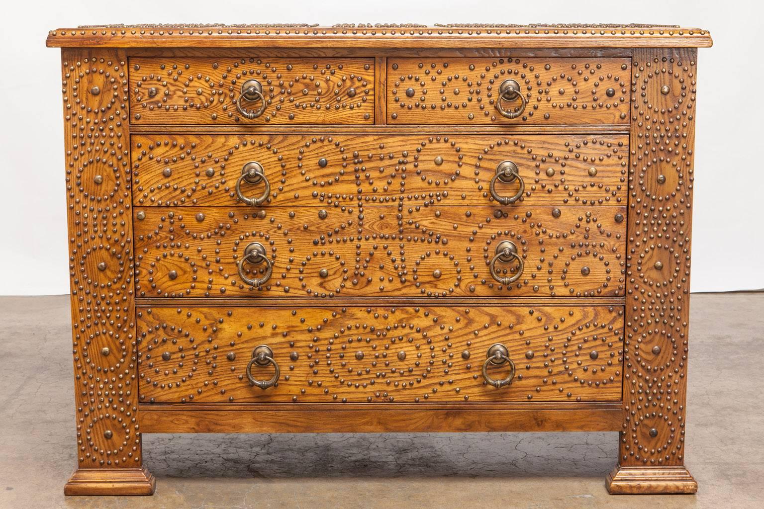 Brass Studded Oak Chest of Drawers 1