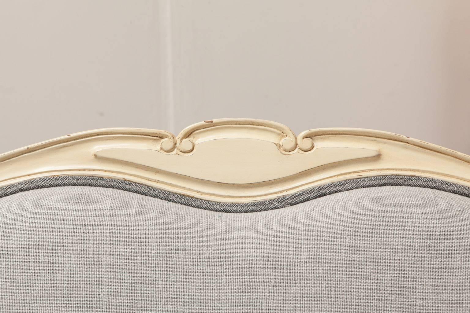 Pair of Louis XV Style Painted Settees in Organic Linen 2