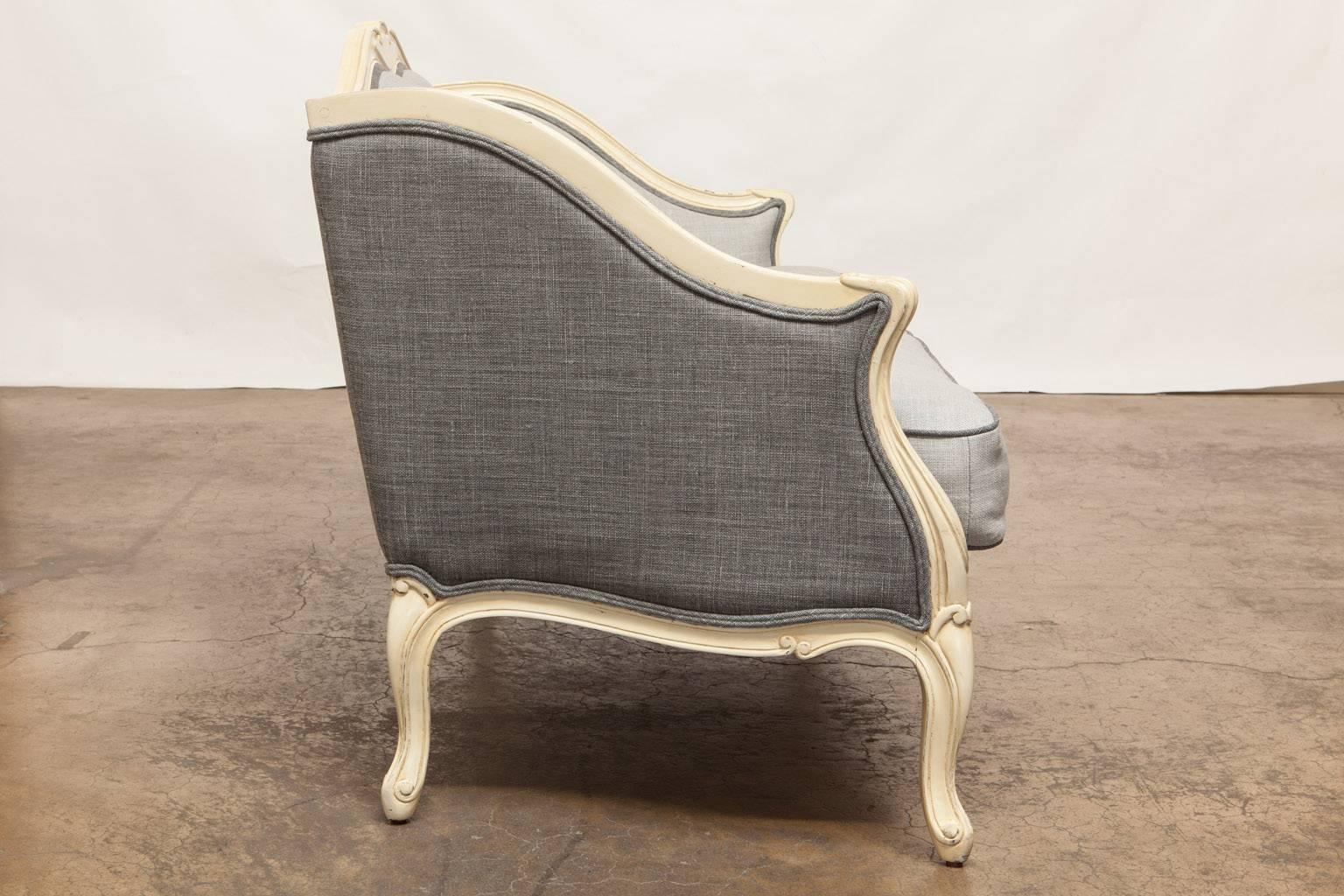 Pair of Louis XV Style Painted Settees in Organic Linen 5