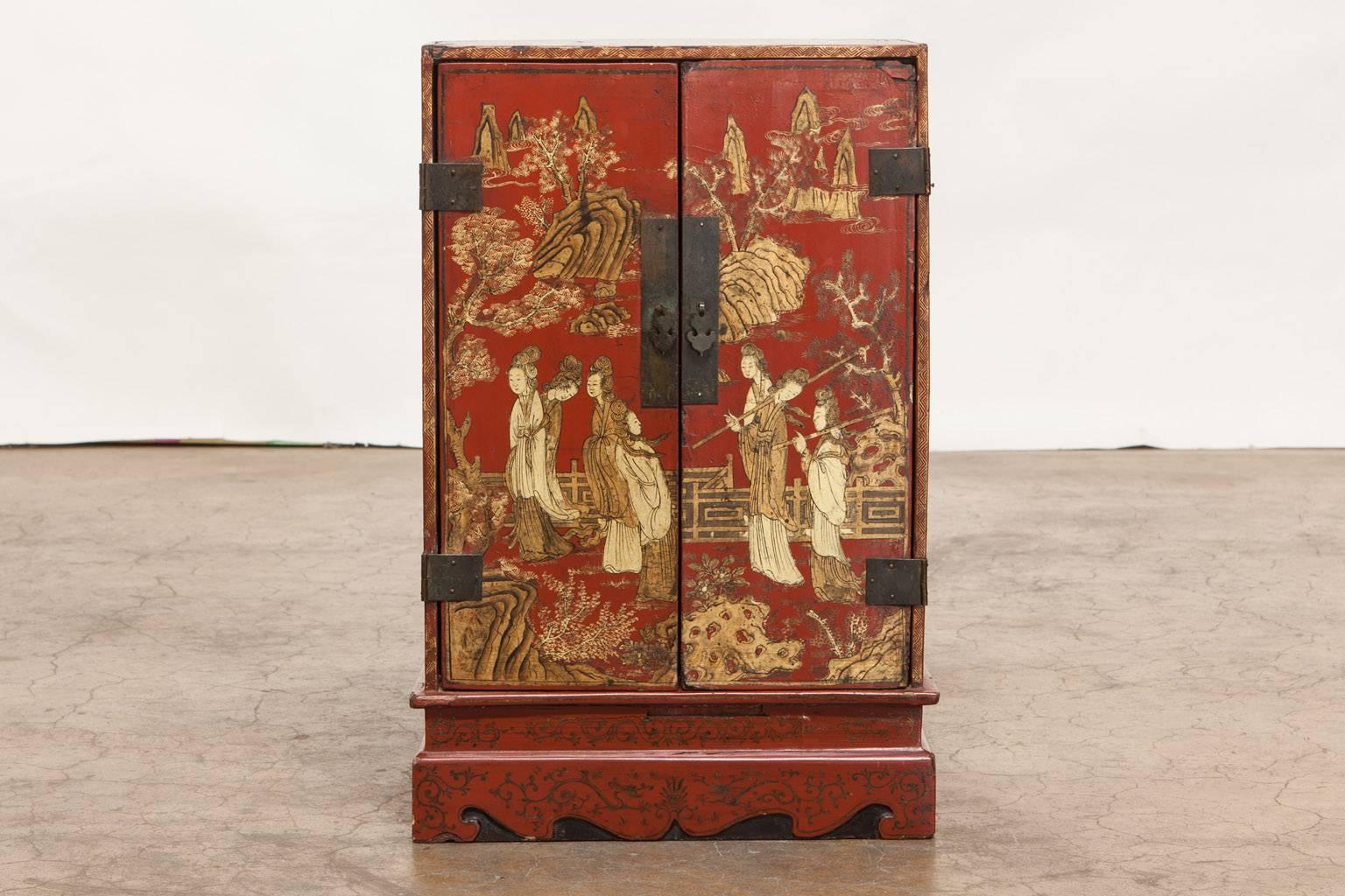 19th Century Pair of Edo Period Japanese Red Lacquer Table Cabinets