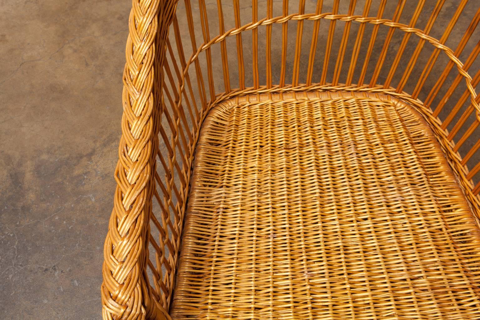 American Pair of McGuire Rattan and Wicker Club Lounge Chairs and Ottoman