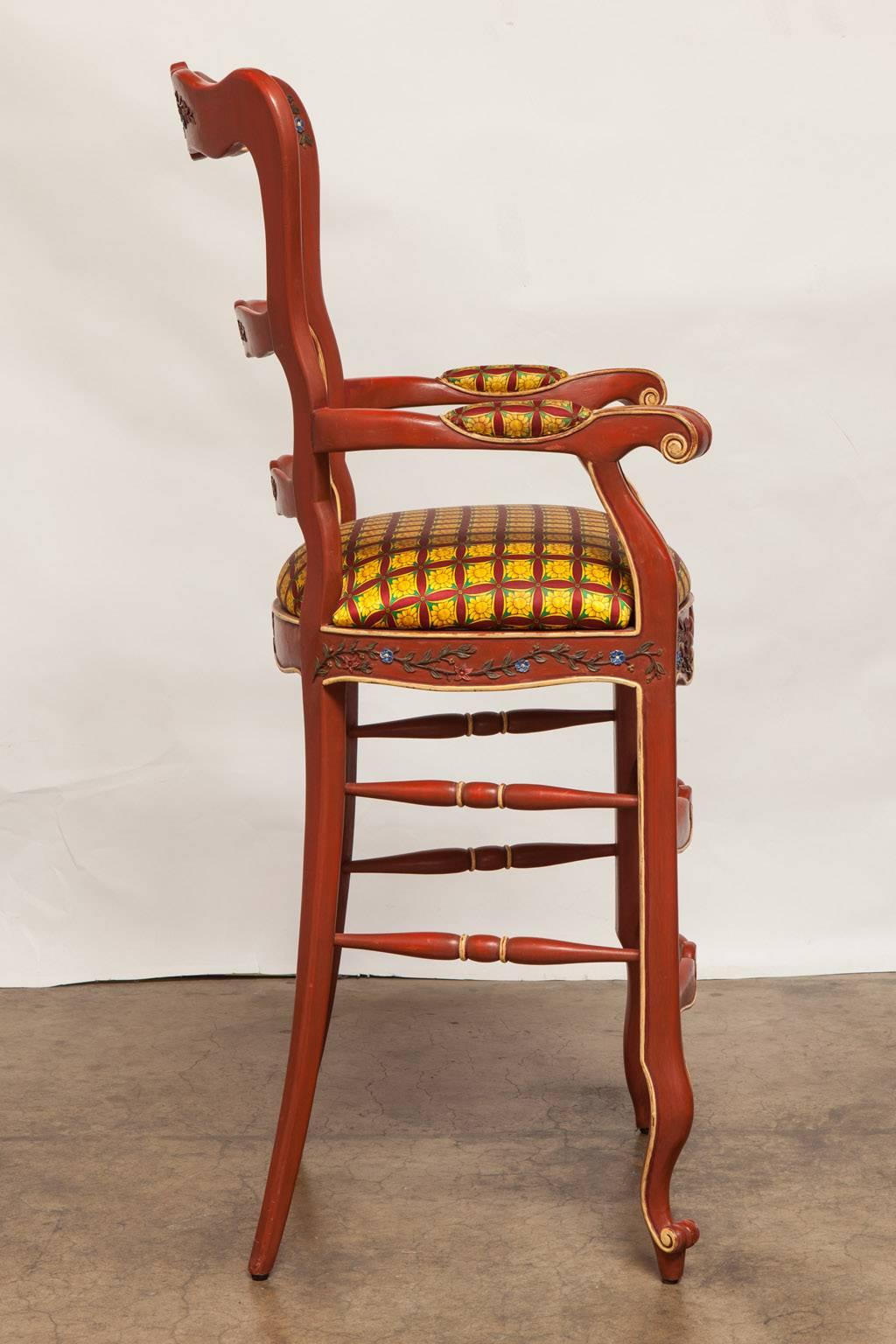 Lacquer Pair of Carved French Country Red Bar Stools