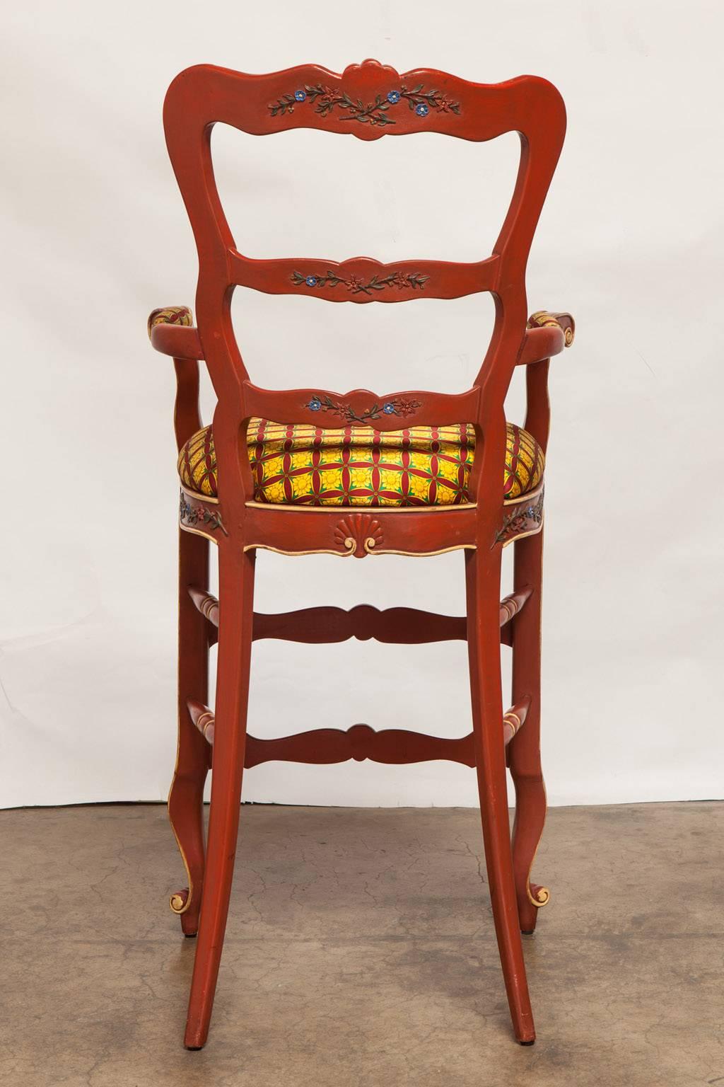 Pair of Carved French Country Red Bar Stools 5