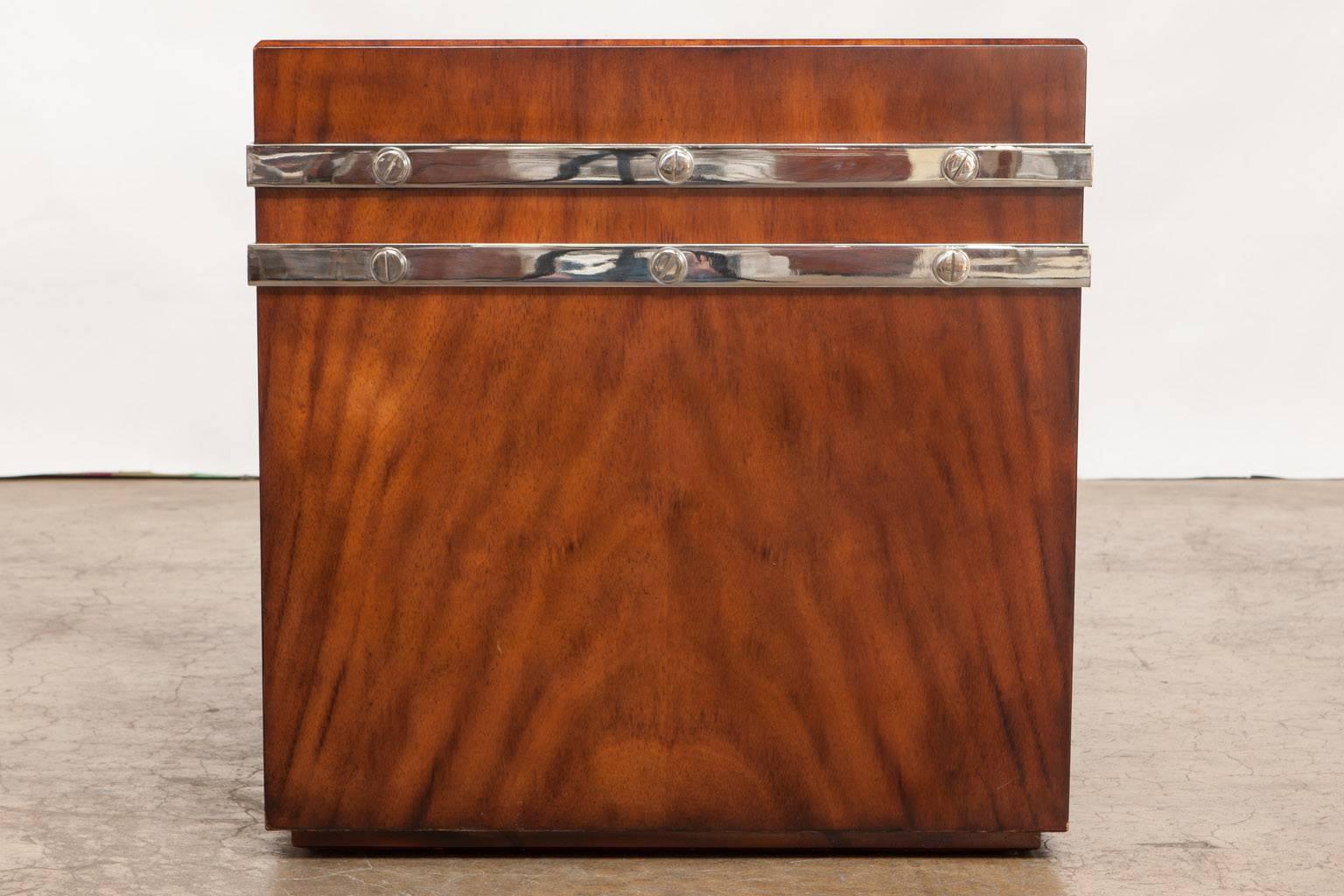 Modern Pair of Mahogany Cube Tables with Chrome Strapping