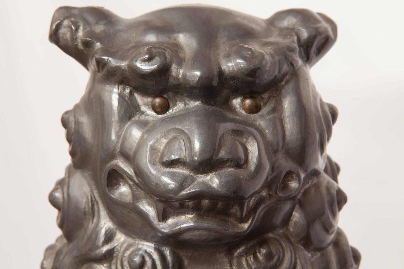 Chinese Export Pair of Chinese Pewter Foo Dog Lions
