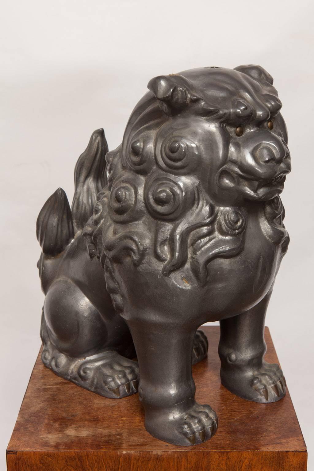 Pair of Chinese Pewter Foo Dog Lions In Excellent Condition In Rio Vista, CA