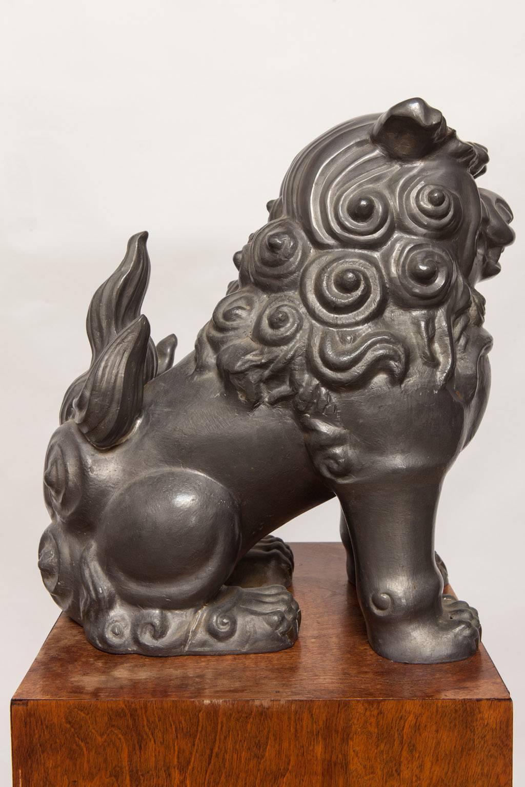 Hand-Crafted Pair of Chinese Pewter Foo Dog Lions