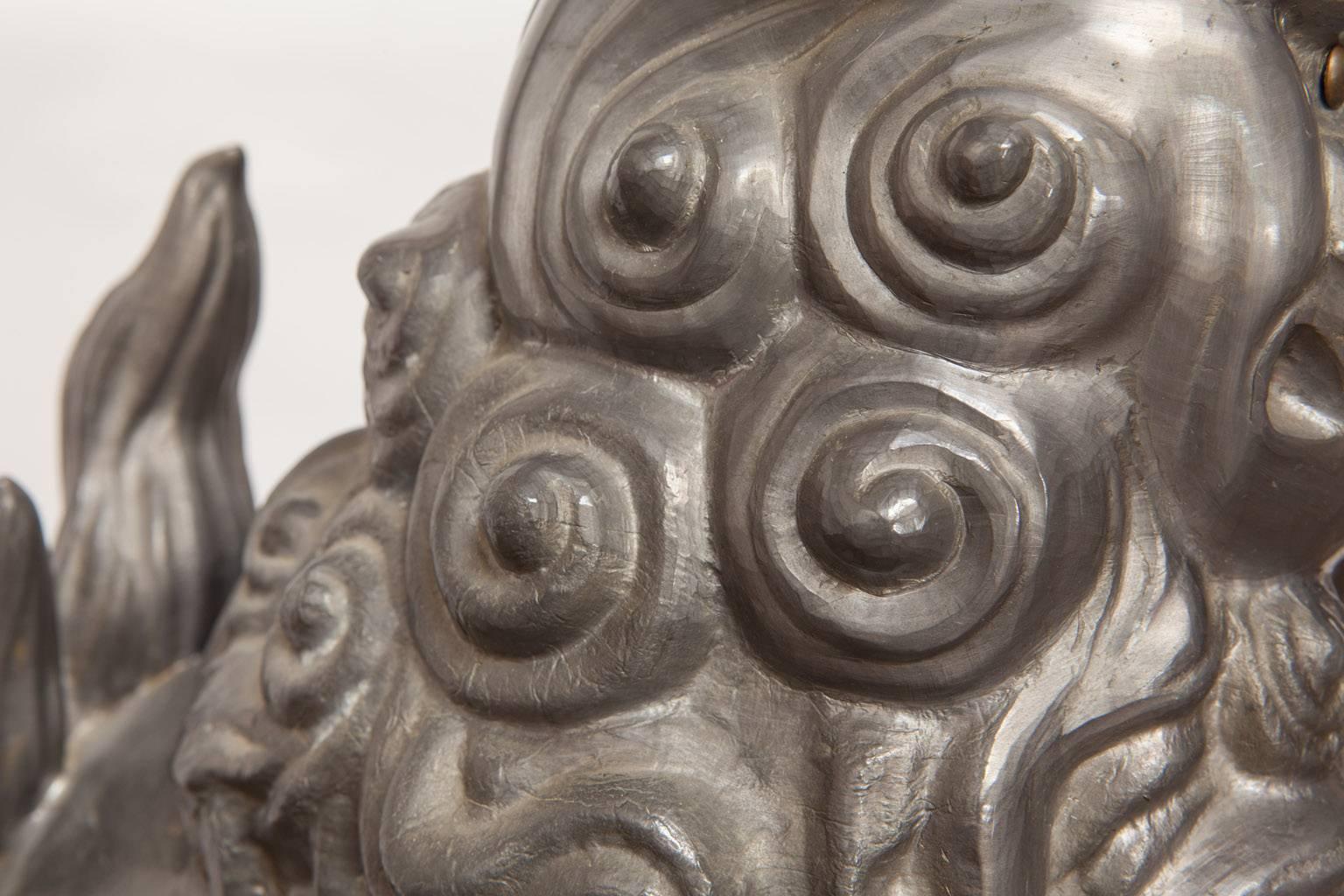 20th Century Pair of Chinese Pewter Foo Dog Lions