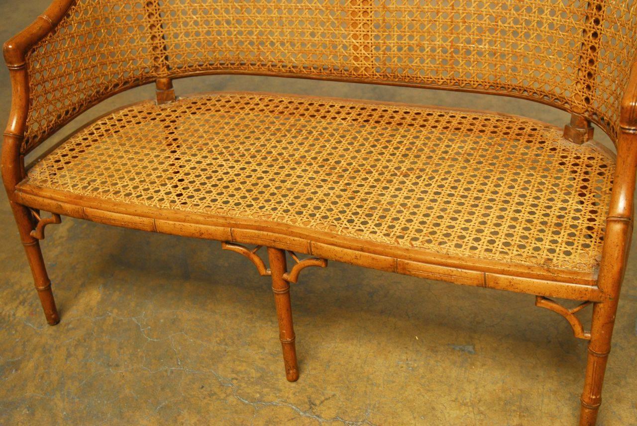 Hand-Crafted Chinese Chippendale Faux Bamboo and Cane Bench