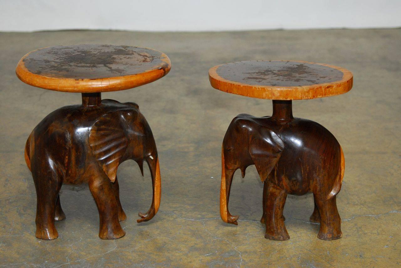 Indonesian Pair of Carved Elephant Drink Tables or Stools