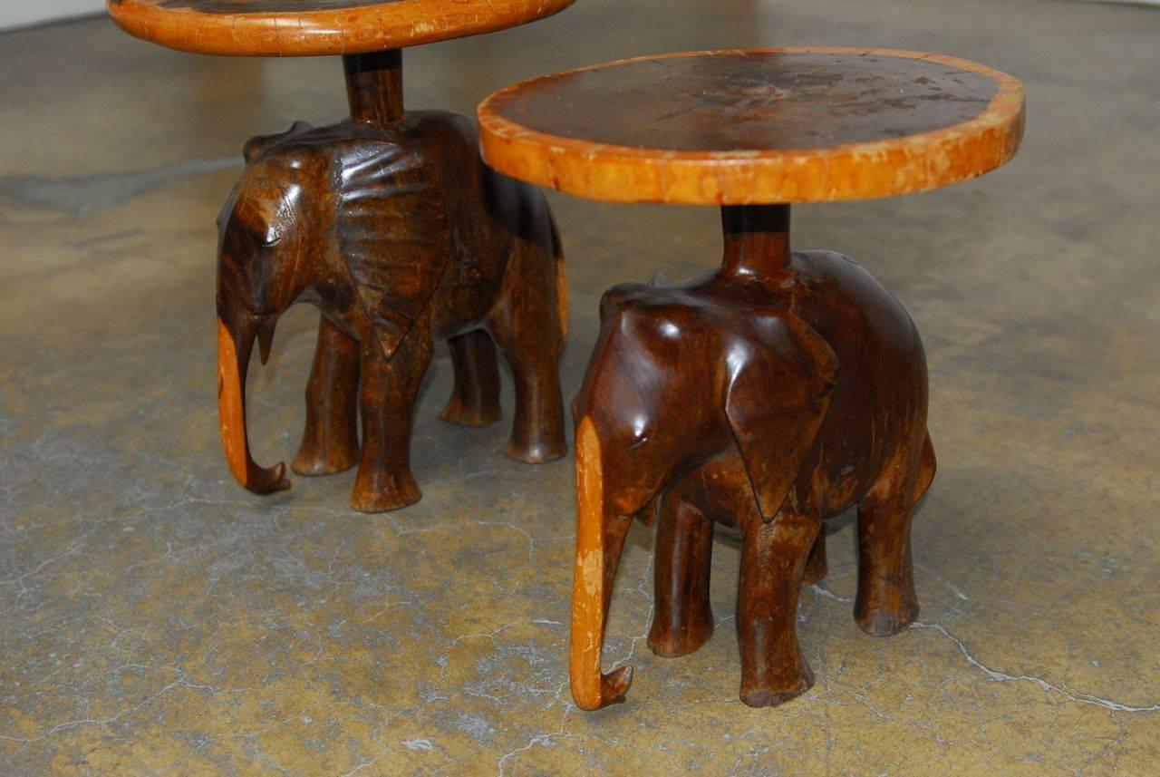 Anglo-Indian Pair of Carved Elephant Drink Tables or Stools