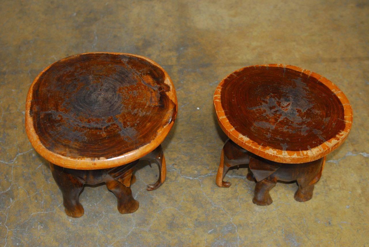 Hand-Carved Pair of Carved Elephant Drink Tables or Stools