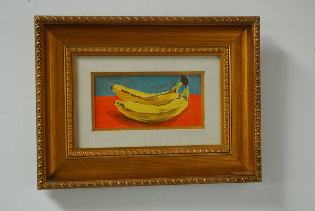Two Bananas After Andy Warhol Oil on Board In Excellent Condition In Rio Vista, CA
