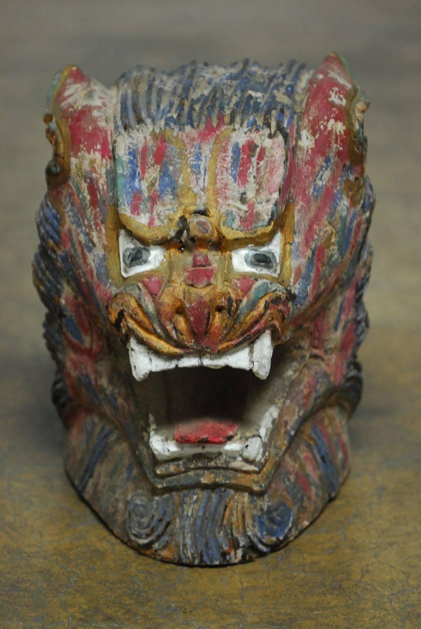 Qing Pair of Polychrome Foo Lion Roof Ornament Heads