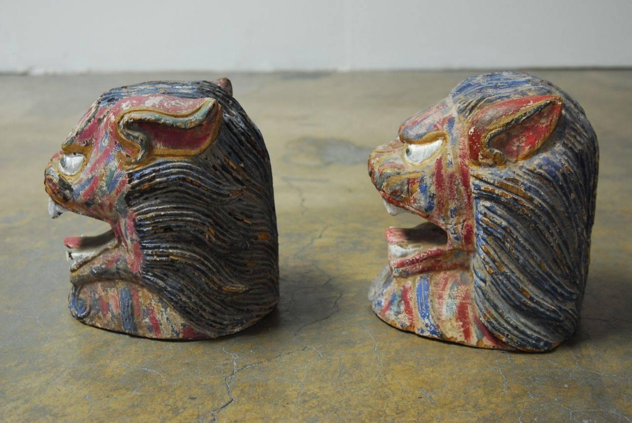 Hand-Carved Pair of Polychrome Foo Lion Roof Ornament Heads