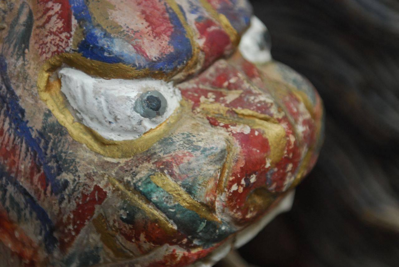 Wood Pair of Polychrome Foo Lion Roof Ornament Heads