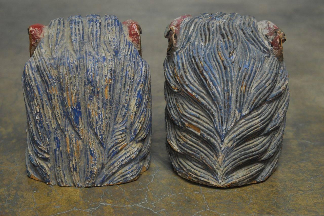 Pair of Polychrome Foo Lion Roof Ornament Heads 1