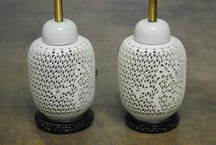 Pair of Blanc de Chine Reticulated Vase Table Lamps