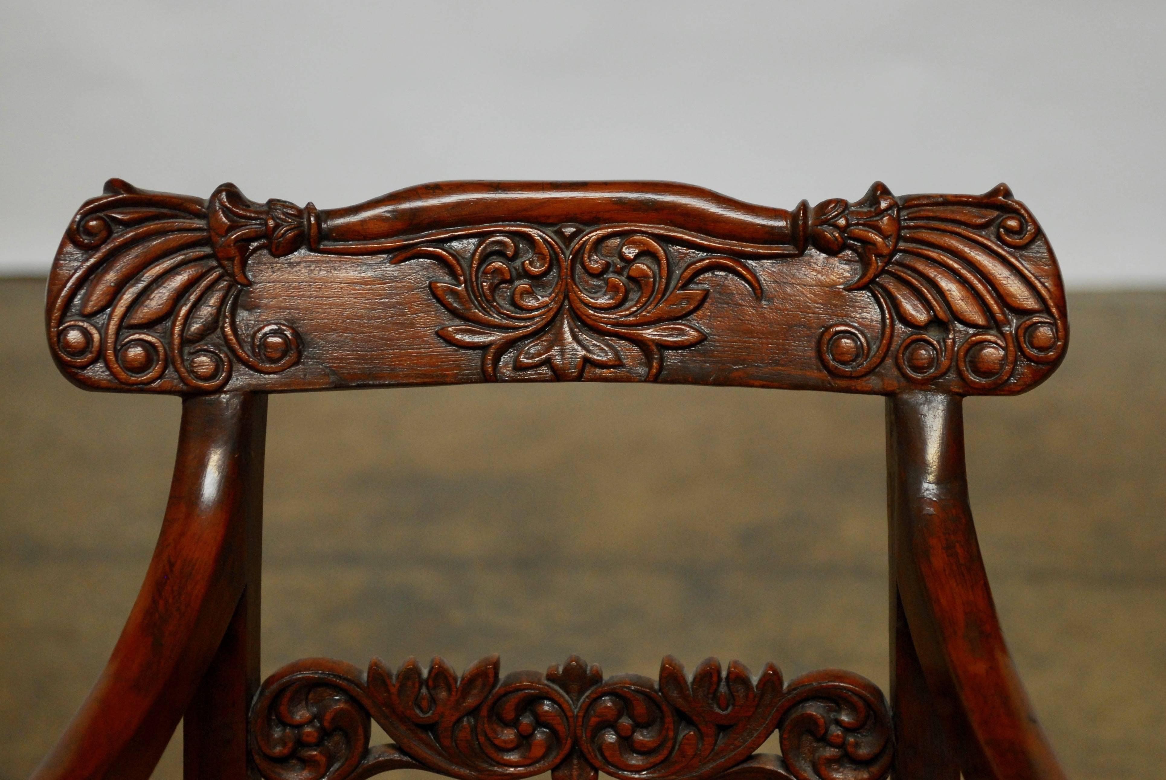 Hand-Carved 19th Century Anglo Indian Rosewood Armchair