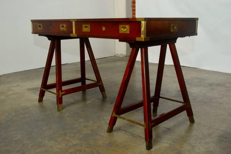British Campaign Desk with Tooled Leather Top at 1stDibs