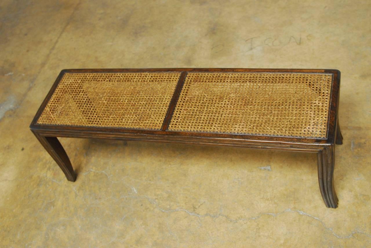 Hand-Crafted McGuire Caned Mahogany Bench with Saber Legs