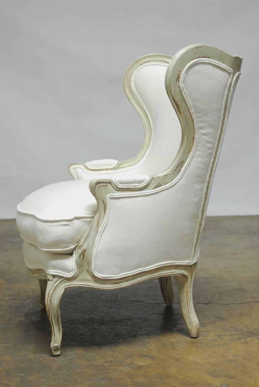 French Louis XV Painted Wing Chair and Ottoman