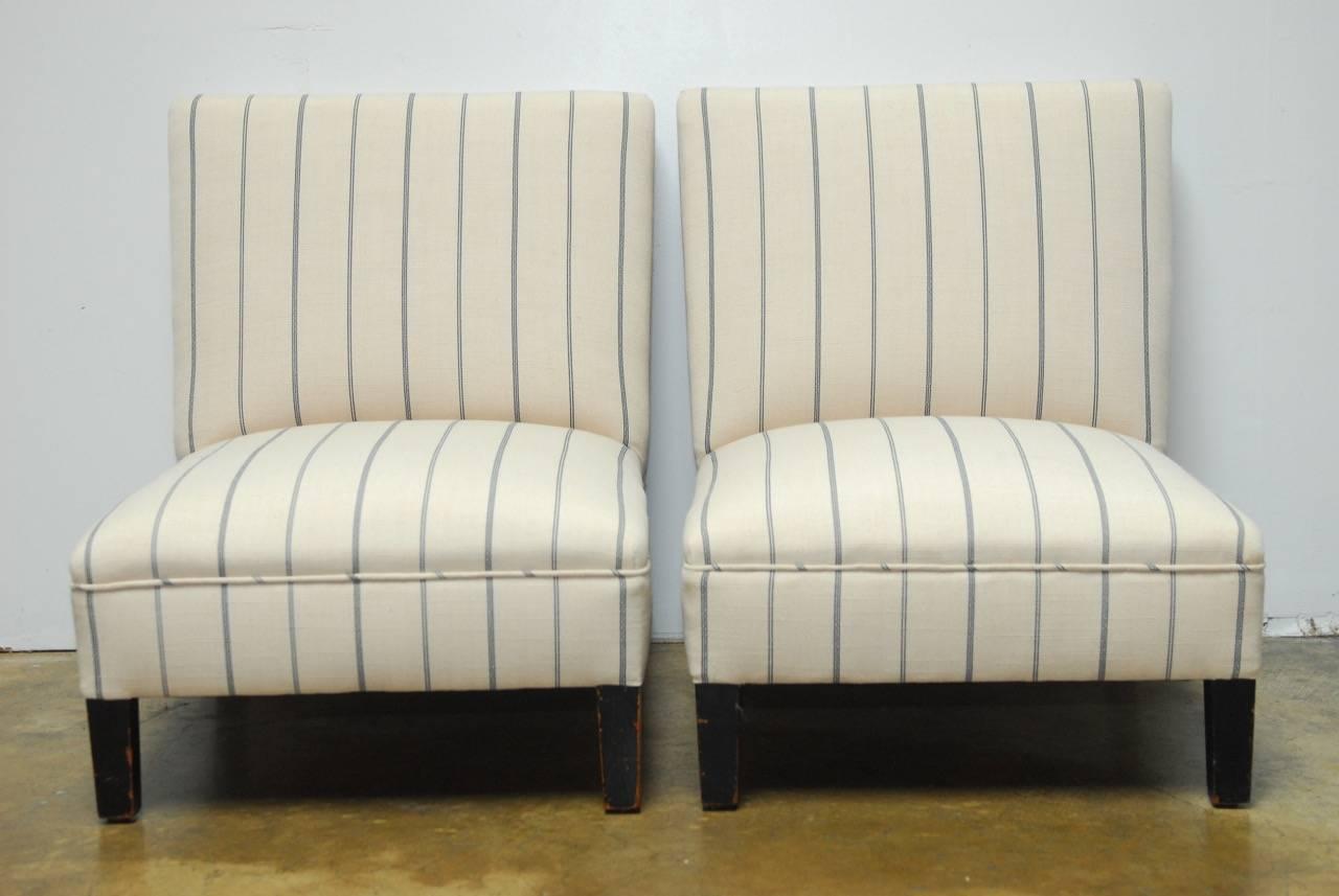 Hand-Crafted Pair of French Linen Striped Slipper Chairs