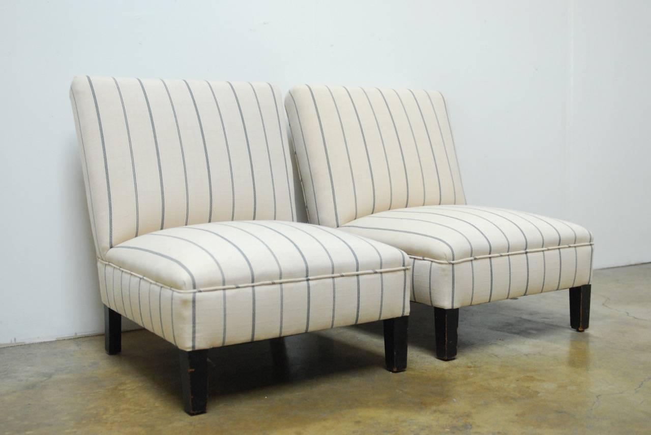 20th Century Pair of French Linen Striped Slipper Chairs