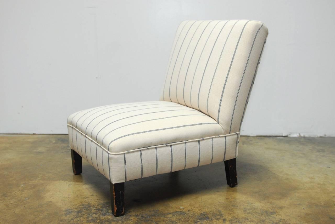 Pair of French Linen Striped Slipper Chairs 1