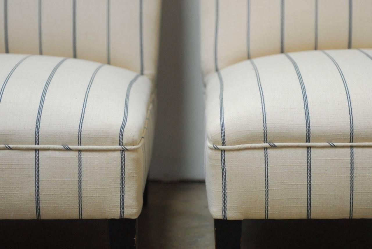 Pair of French Linen Striped Slipper Chairs 2